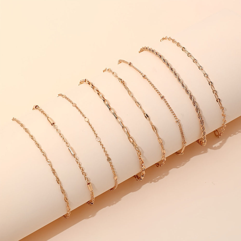 8pcs Simple Style Thin Chain Bracelet Set Stackable Hand Chain Jewelry Decoration Daily Wear