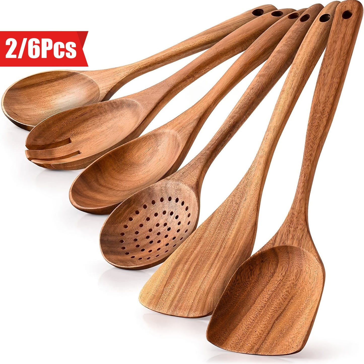 2/6pcs Wooden Easy clean Cooking Spoons, Smooth Teak Wooden Cooking Utensils, Soft And Comfortable Cooking Wooden Spoons, Non Stick Wooden Cooking Utensils, Wooden Spoons Set