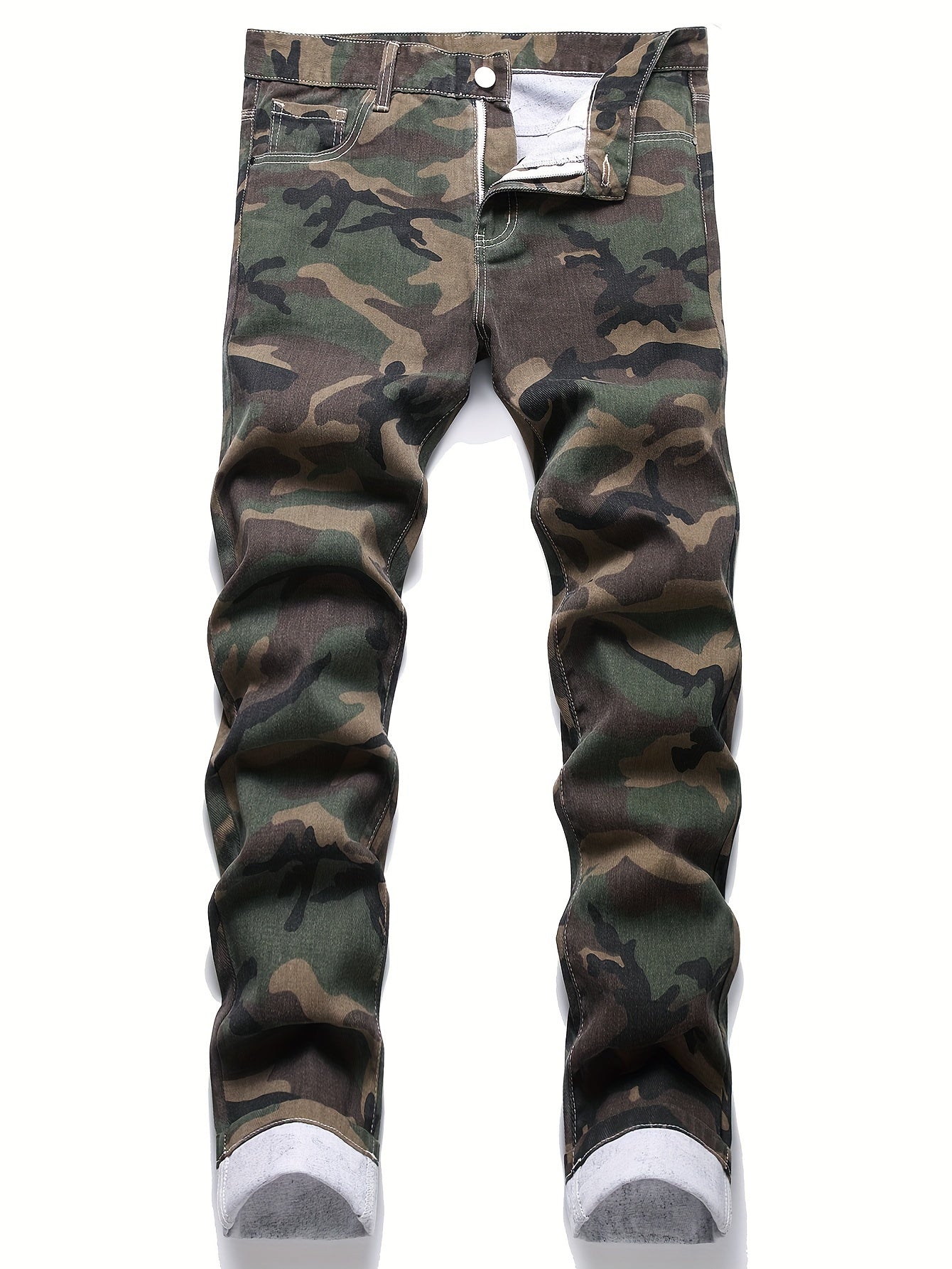Men's Camouflage Graphic Print Denim Trousers with Pockets, Street Style Jeans for Outdoor Activities
