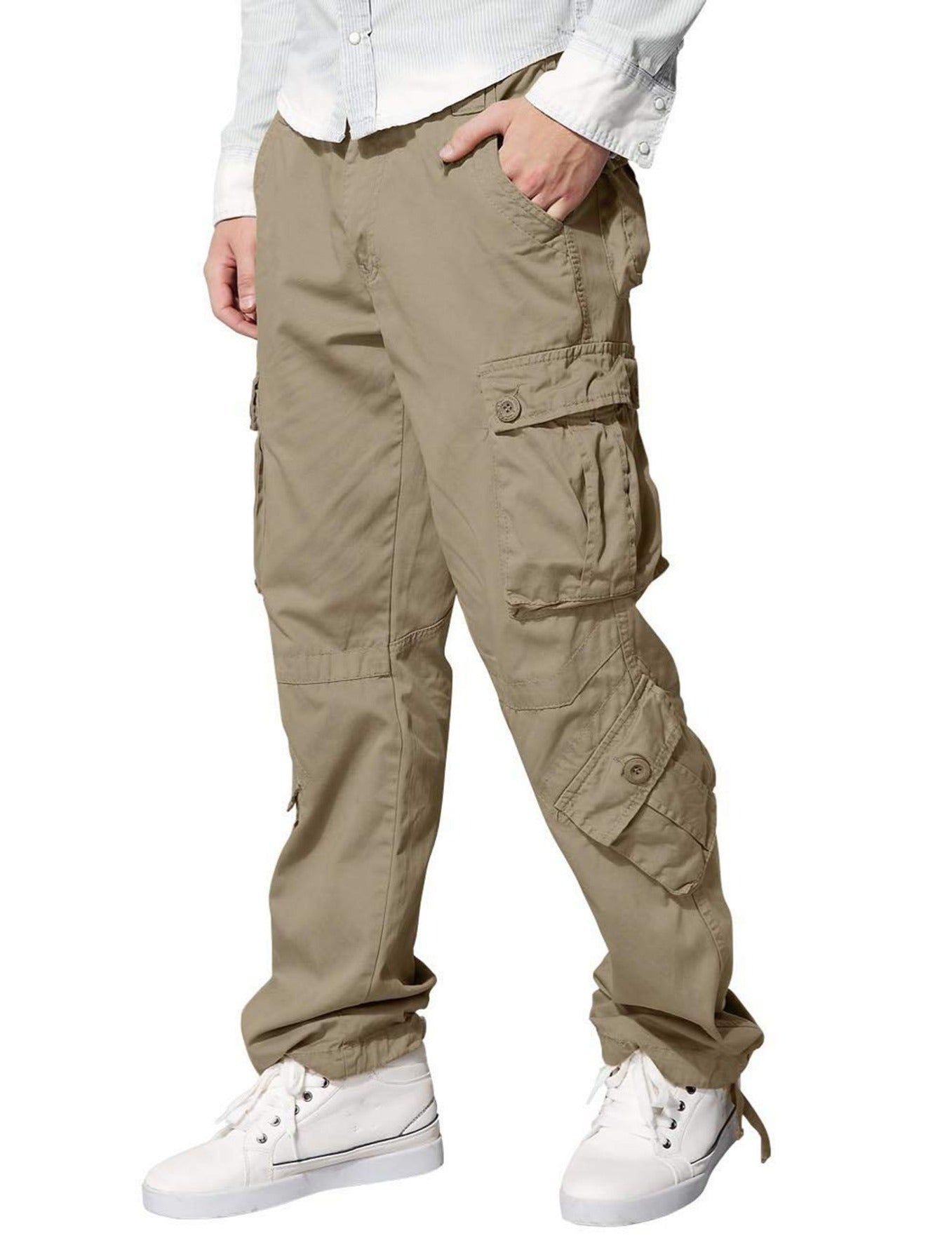 Original Cotton British Khaki Multi Flap Pockets Men's Straight Leg Cargo Pants, Loose Casual Outdoor Pants, Tactical Work Pants For Men