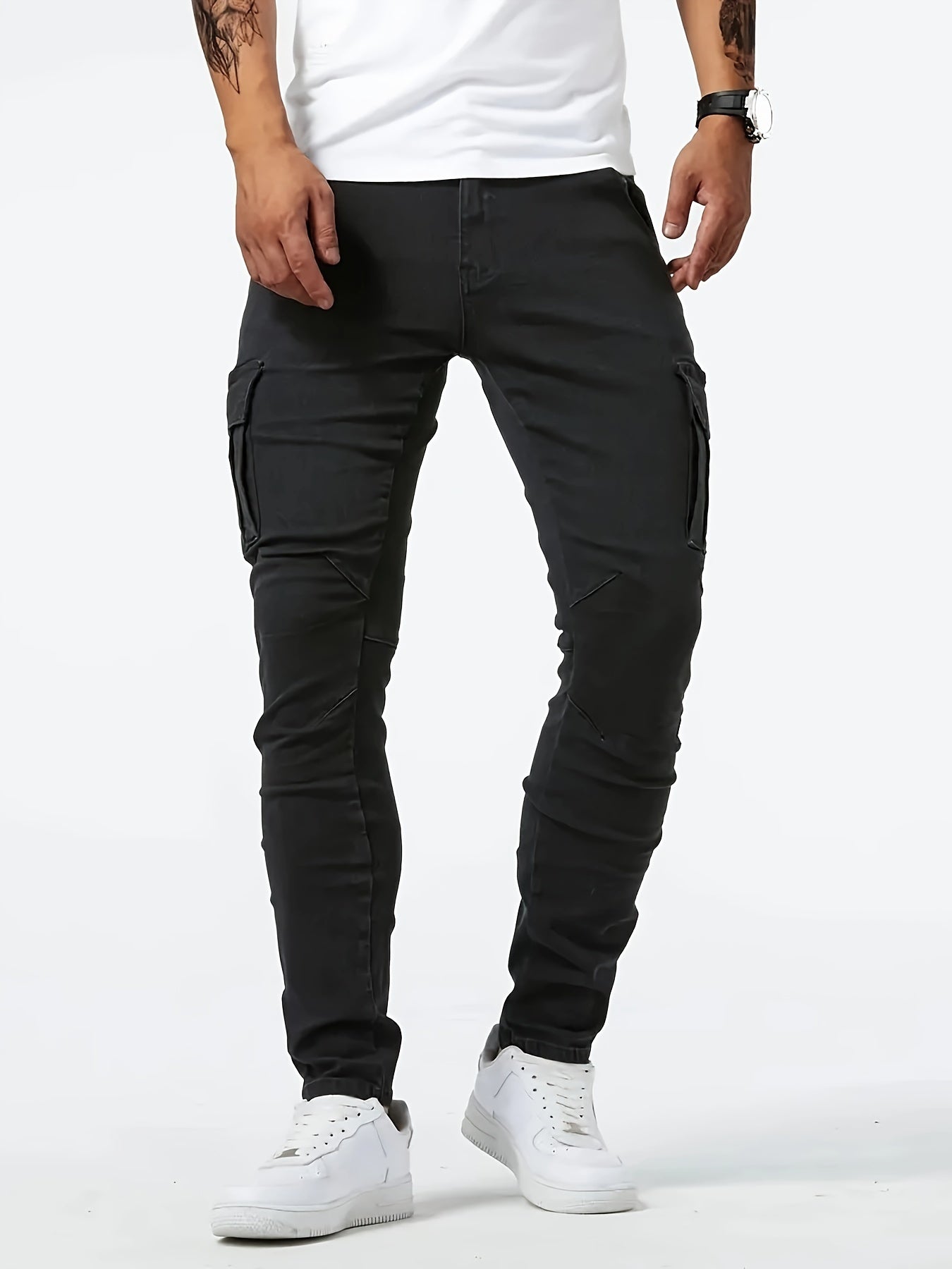 Men's Stylish Cotton Blend Solid Denim Trousers With Pockets, Causal Breathable Slim-fit Jeans For City Walk Street Hanging Outdoor Activities