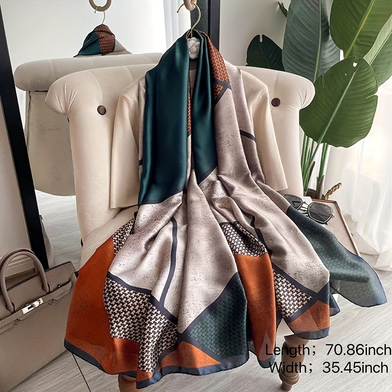 Geometric Print Large Satin Scarf Elegant Color Block Shawl Imitation Silk Windproof Head Wrap Travel Beach Towel Hair Accessories