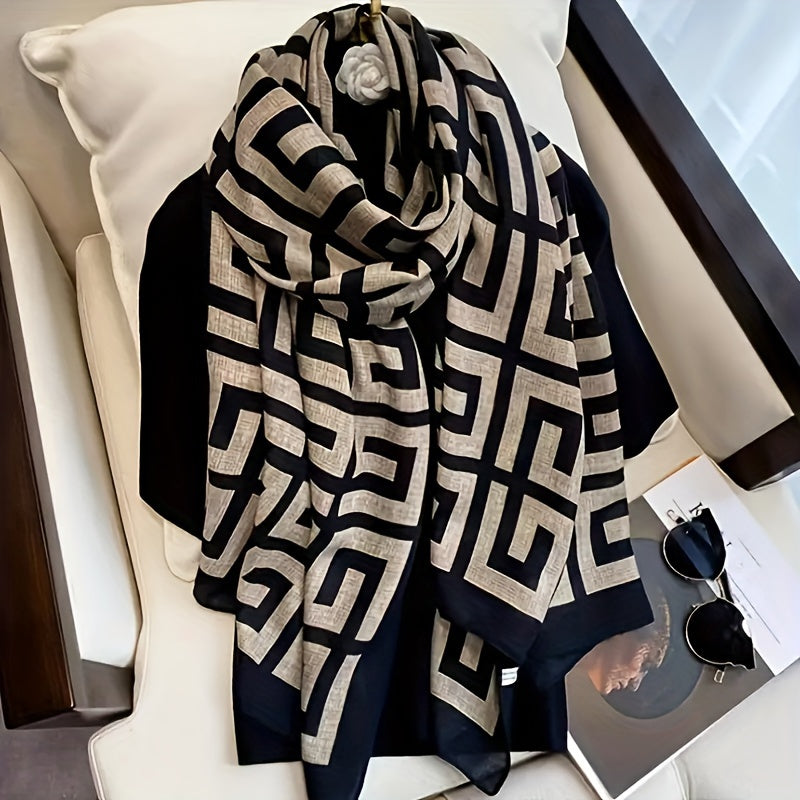 Luxurious Black Beige Color Geometric Pattern Scarf Soft Warm Windproof Wrap Boho Style Sunscreen Shawl