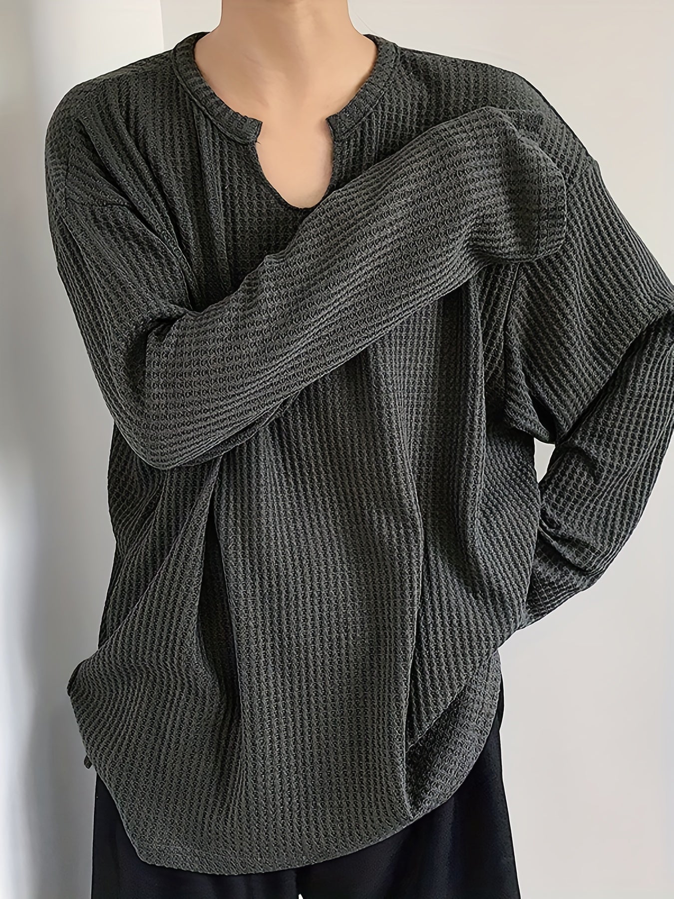 Men's Stylish Long Sleeve V Neck Shirt, Men's Casual Vintage Style Tee Tops