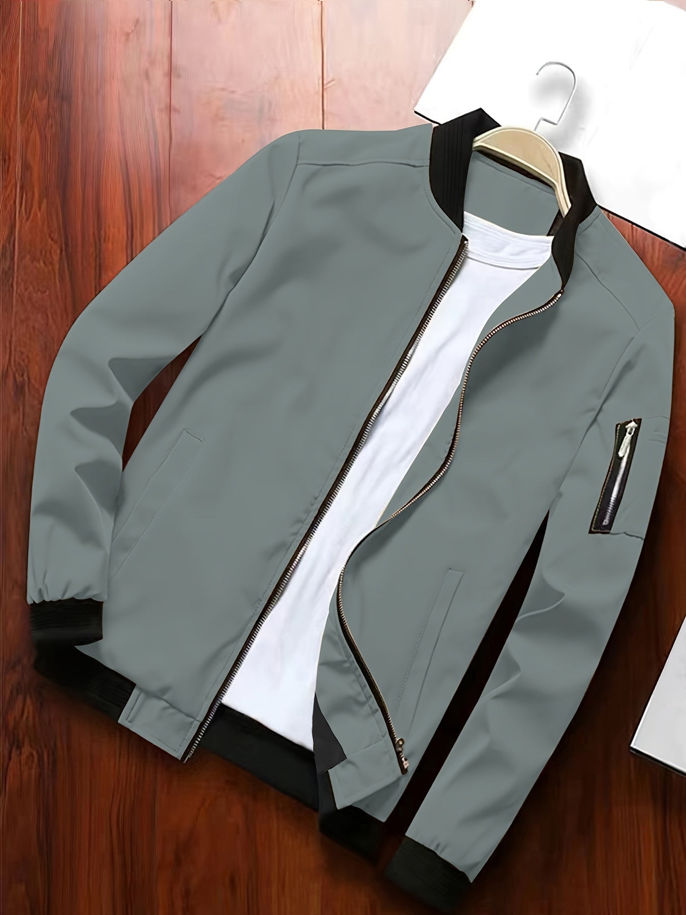 Men's Casual Full Zip Bomber Jacket, Solid Color Blouson Jacket