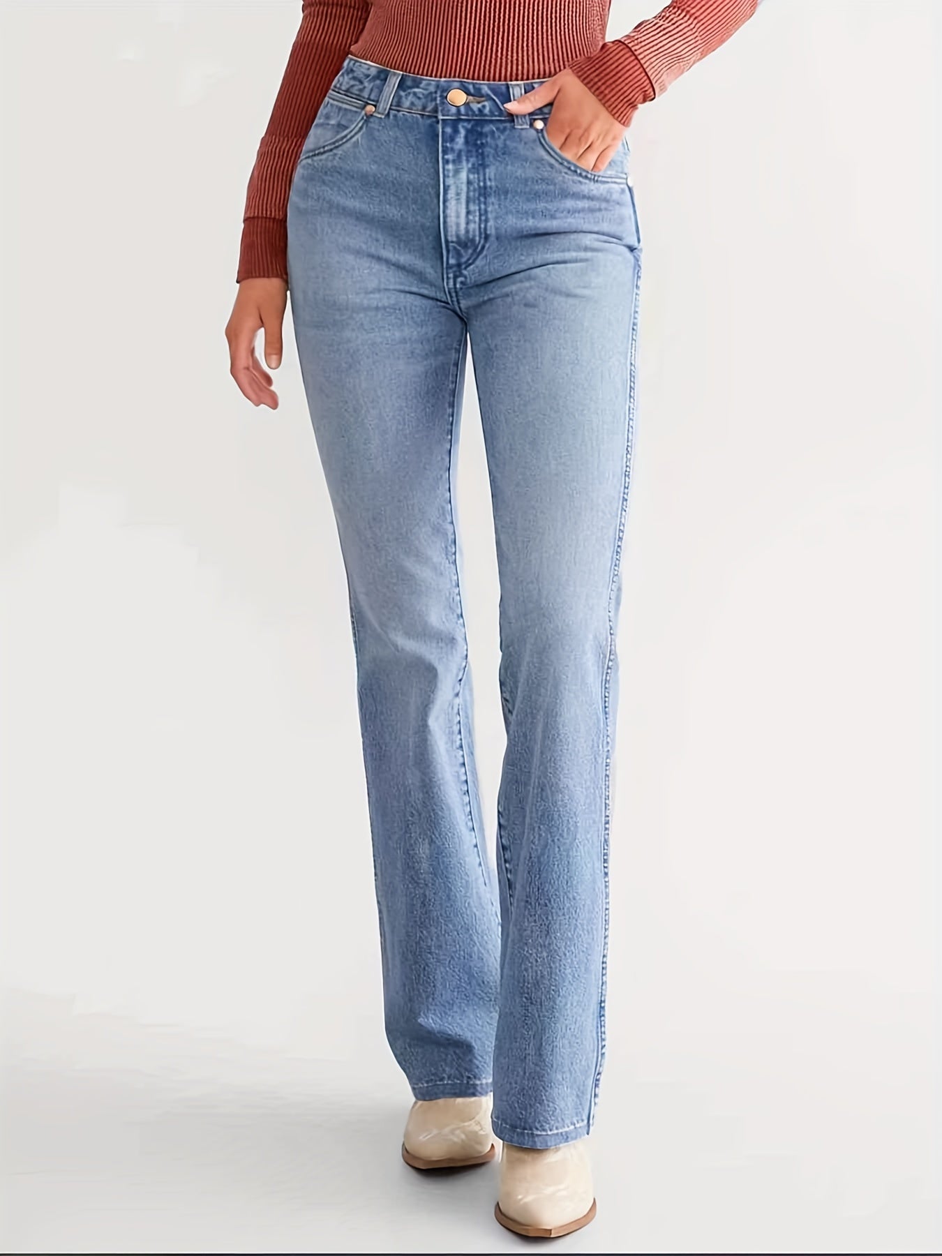 Casual Plain Denim Jeans, High Rise Button Fly Bootcut Denim Pants, Women's Denim Jeans & Clothing