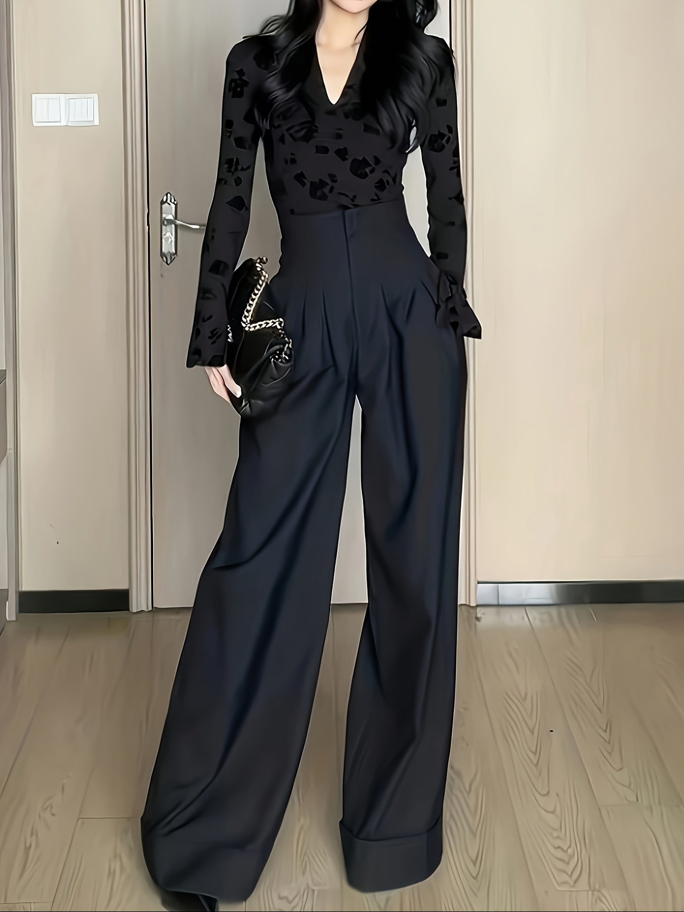 Milan Style Slant Pockets Wide Leg Pants, Elegant Tucked High Waist Loose Pants For Spring & Summer, Women's Clothing