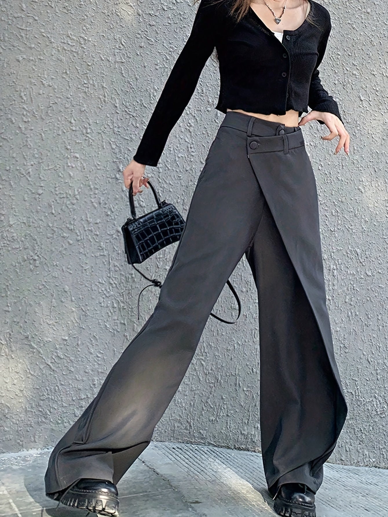Asymmetrical High Fashion Wide Leg Pants, Casual Loose Pants For Spring & Summer, Women's Clothing