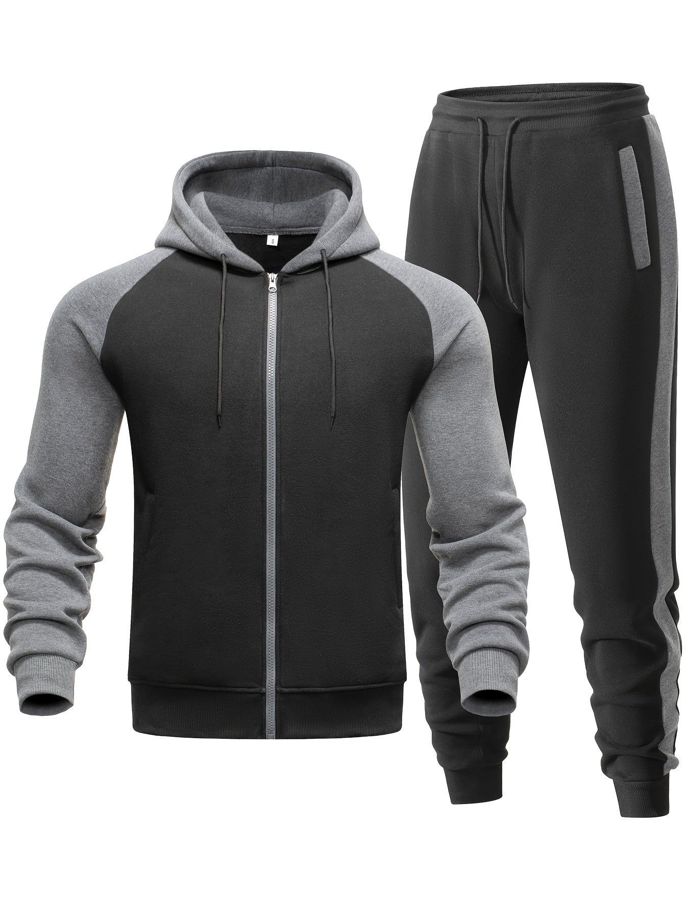 Men's Casual Hoodie & Sweatpants Set - Zip-Up, Drawstring, Fleece Fabric for Fall/Winter - Machine Washable