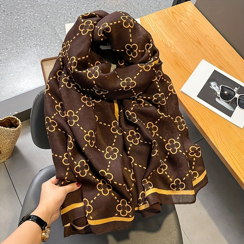 Coffee Color Flower Print Scarf Thin Breathable Shawl Simple Casual Windproof Warm Wrap Suitable For Air Conditioning Room
