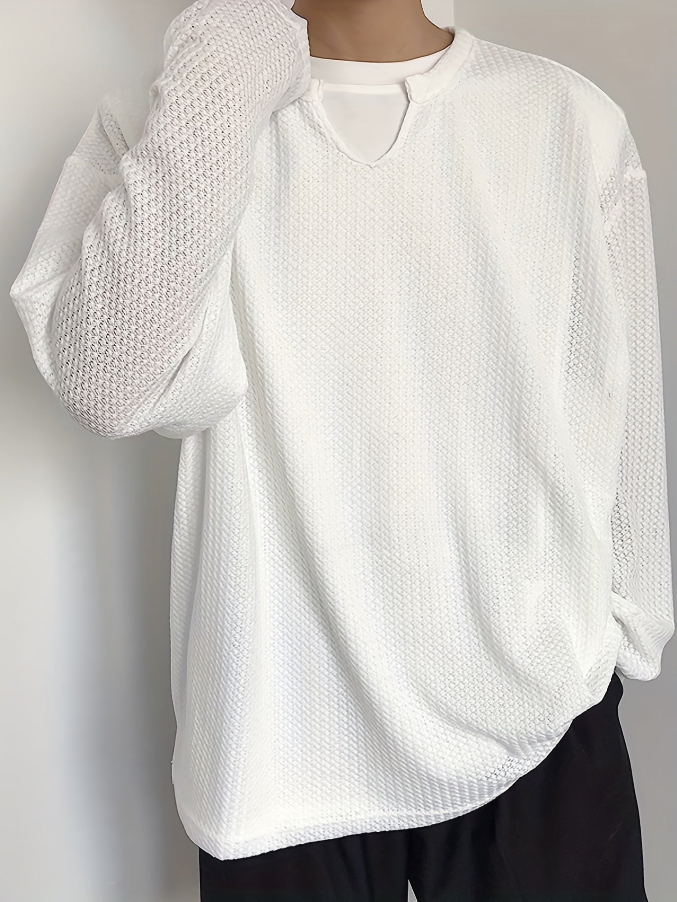 Men's Stylish Long Sleeve V Neck Shirt, Men's Casual Vintage Style Tee Tops