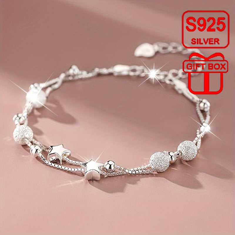 925 Sterling Silver Double Layer Star Design Bracelet - Elegant, Boho Style
