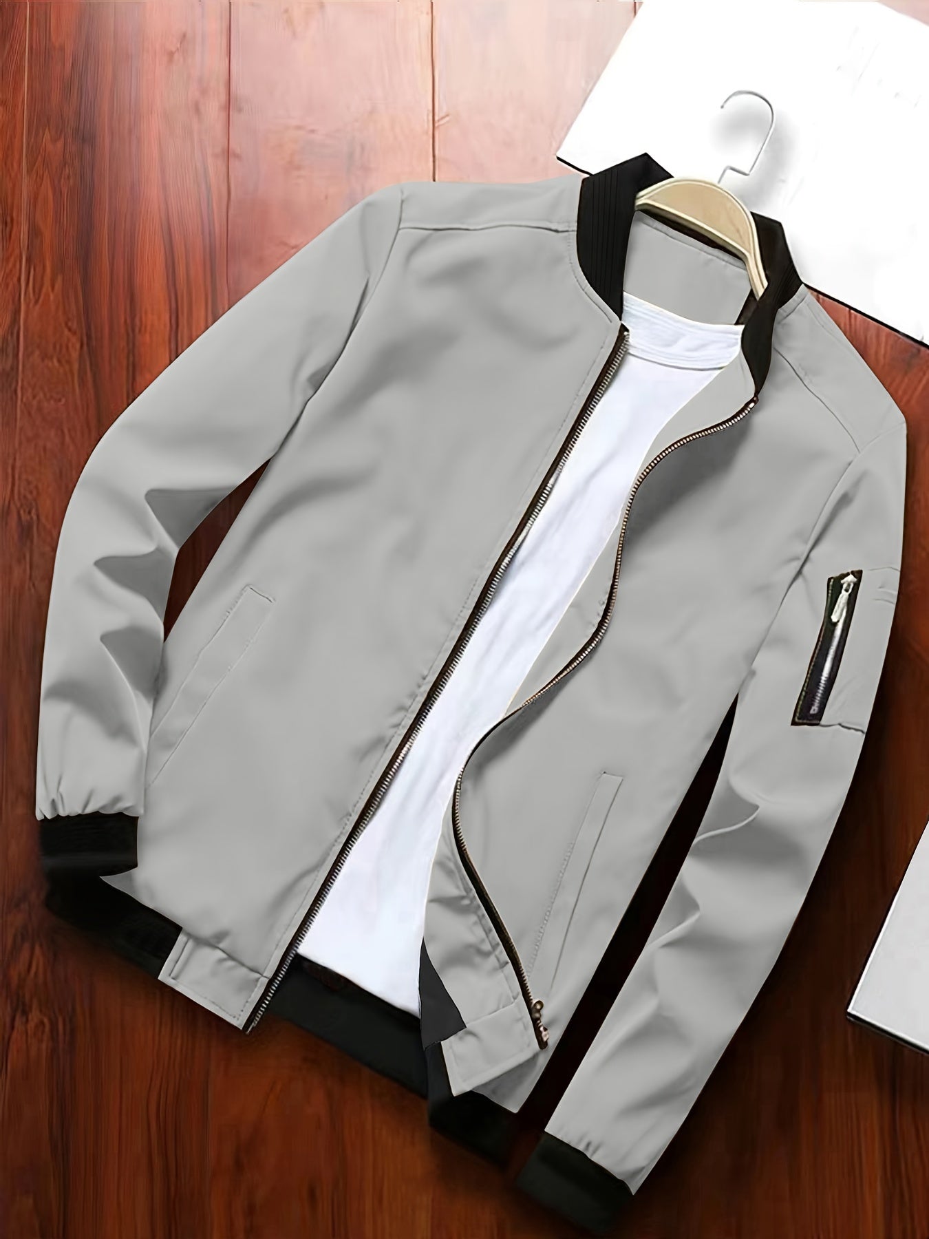 Men's Casual Full Zip Bomber Jacket, Solid Color Blouson Jacket
