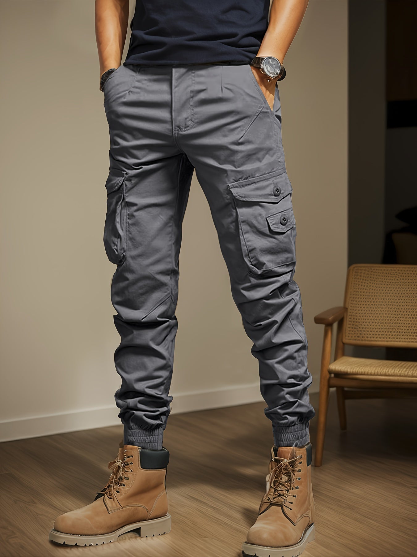 Men's Tapered Joggers with Multi Pockets, Chic Street Style Cargo Pants