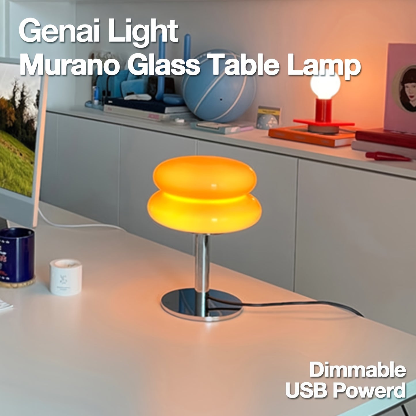 Lux 1pc Murano Glass Table Lamp with Dimmable USB Port, Ambient Lighting for Living Room, Bedroom, Dorm and Home Office