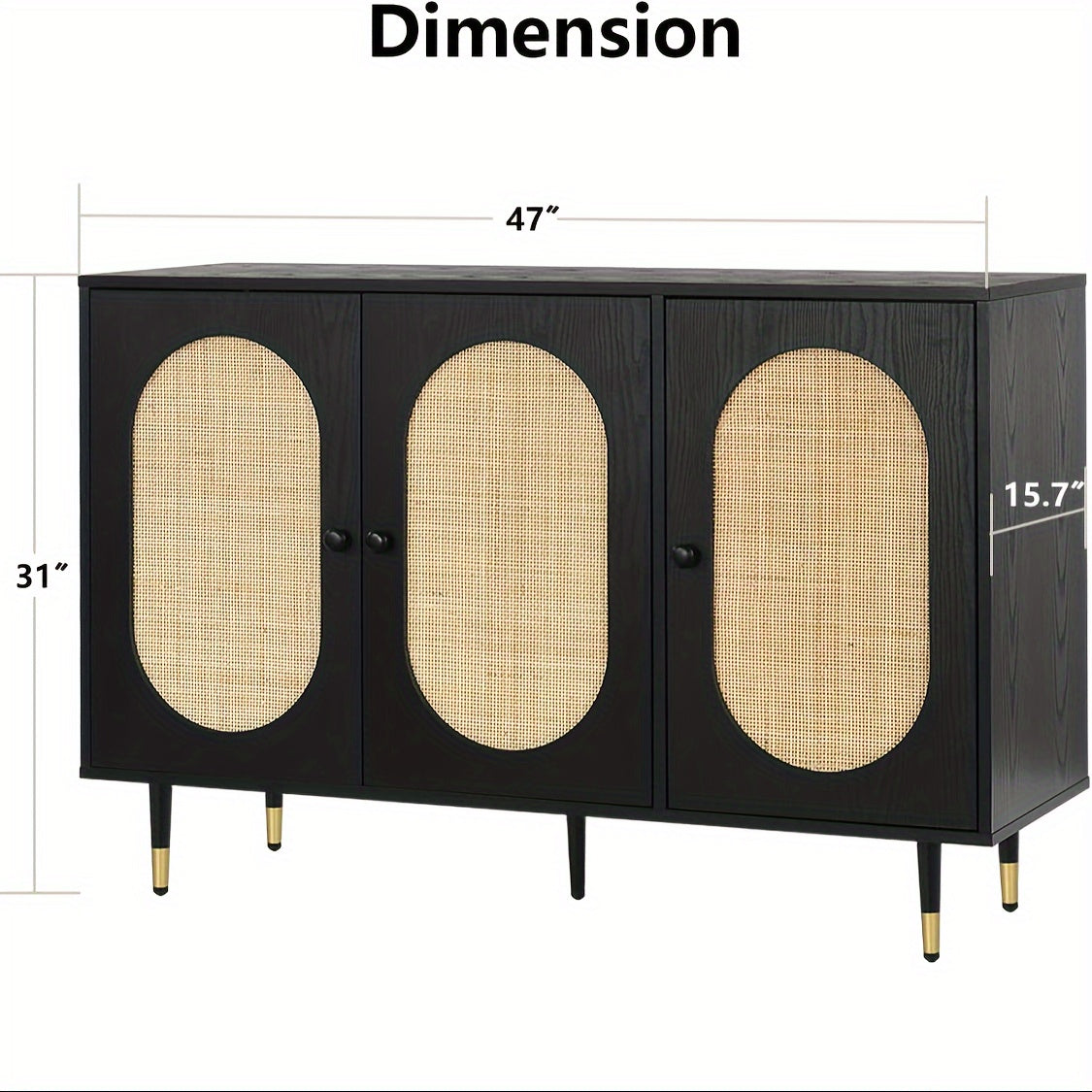 Retro Rattan Sideboard Buffet Cabinet, 47'' Black Rattan Sideboard Cabinet, Kitchen Buffet Storage Cabinet with Golden Legs, 3 Handmade Natural Doors for Living Room, Office, Entry, Hallway