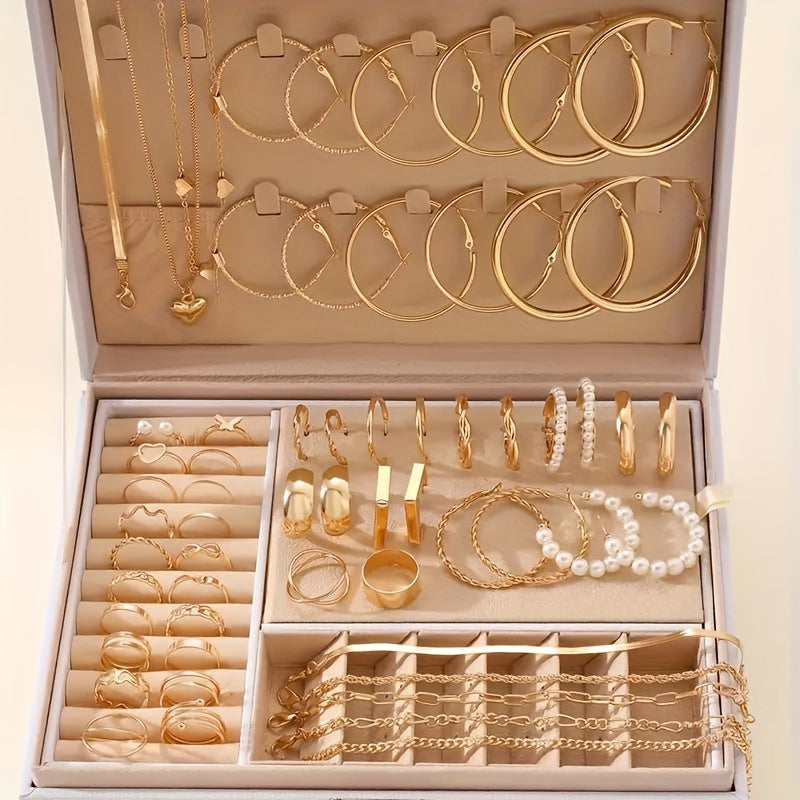 Must Have 54-Piece Elegant Gold-Tone Jewelry Set for Women - Includes Faux Pearl Embellishments, Variety of Hoops, Rings, Bracelets, Snake Chain Design - Simple & Vacation Style, Ideal for Daily & Party Occasions