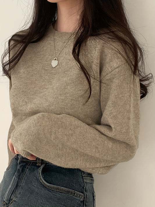 Solid Color Crew Neck Sweater, Casual Long Sleeve Sweater For Fall & Winter, Women's Clothing