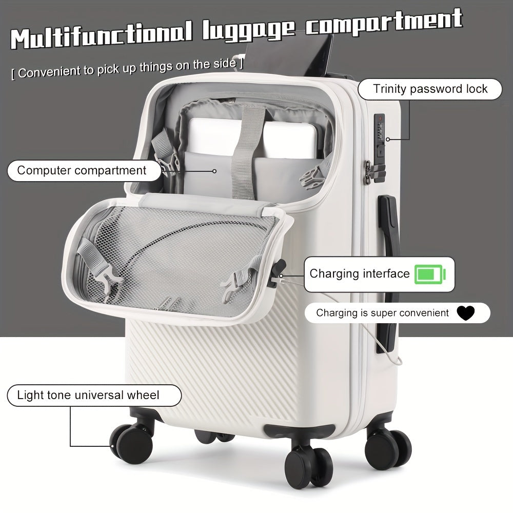 Versatile Luggage Airline Approved Boarding Case With Front Pocket, Water Cup Holder, TSA Lock, Durable, Quiet Universal Wheels, Telescopic Pull Rod, USB Charging Port, Sturdy Travel Carry-on Suitcase, Hard Shell Trolley Travel Case 1pc 20/26inch