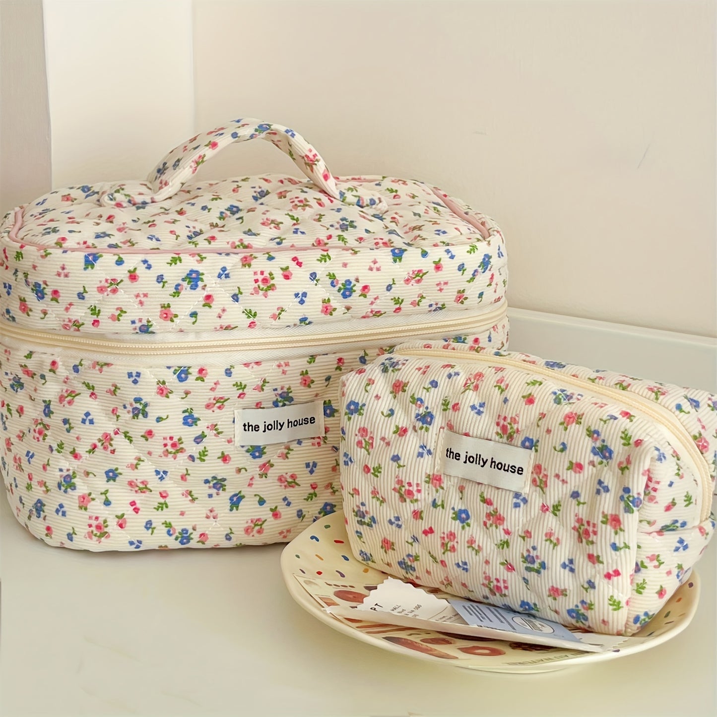 The Jolly House 3-Piece Floral Cosmetic Bag Set for Women - Polyester, Non-Waterproof, Unscented, Large Capacity Travel Makeup Organizer Pouches