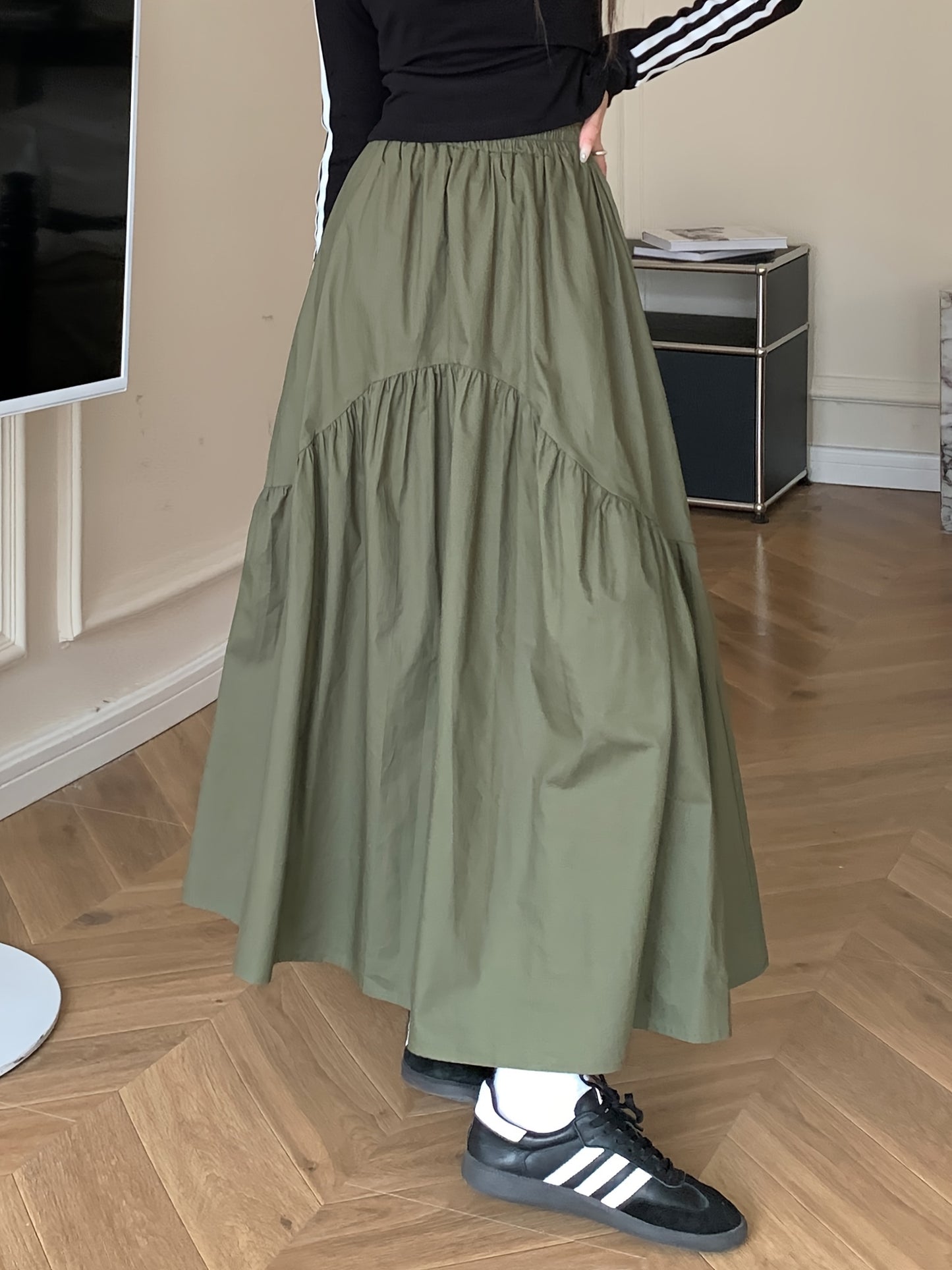 Women's Solid Color Ruffle Hem Skirt, Versatile Ruched Skirt