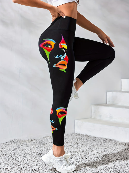 Women's High-Waisted Leggings with Unique Facial Print