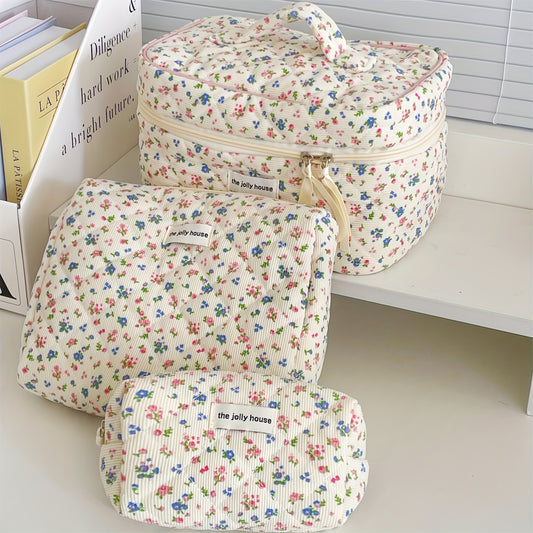 The Jolly House 3-Piece Floral Cosmetic Bag Set for Women - Polyester, Non-Waterproof, Unscented, Large Capacity Travel Makeup Organizer Pouches