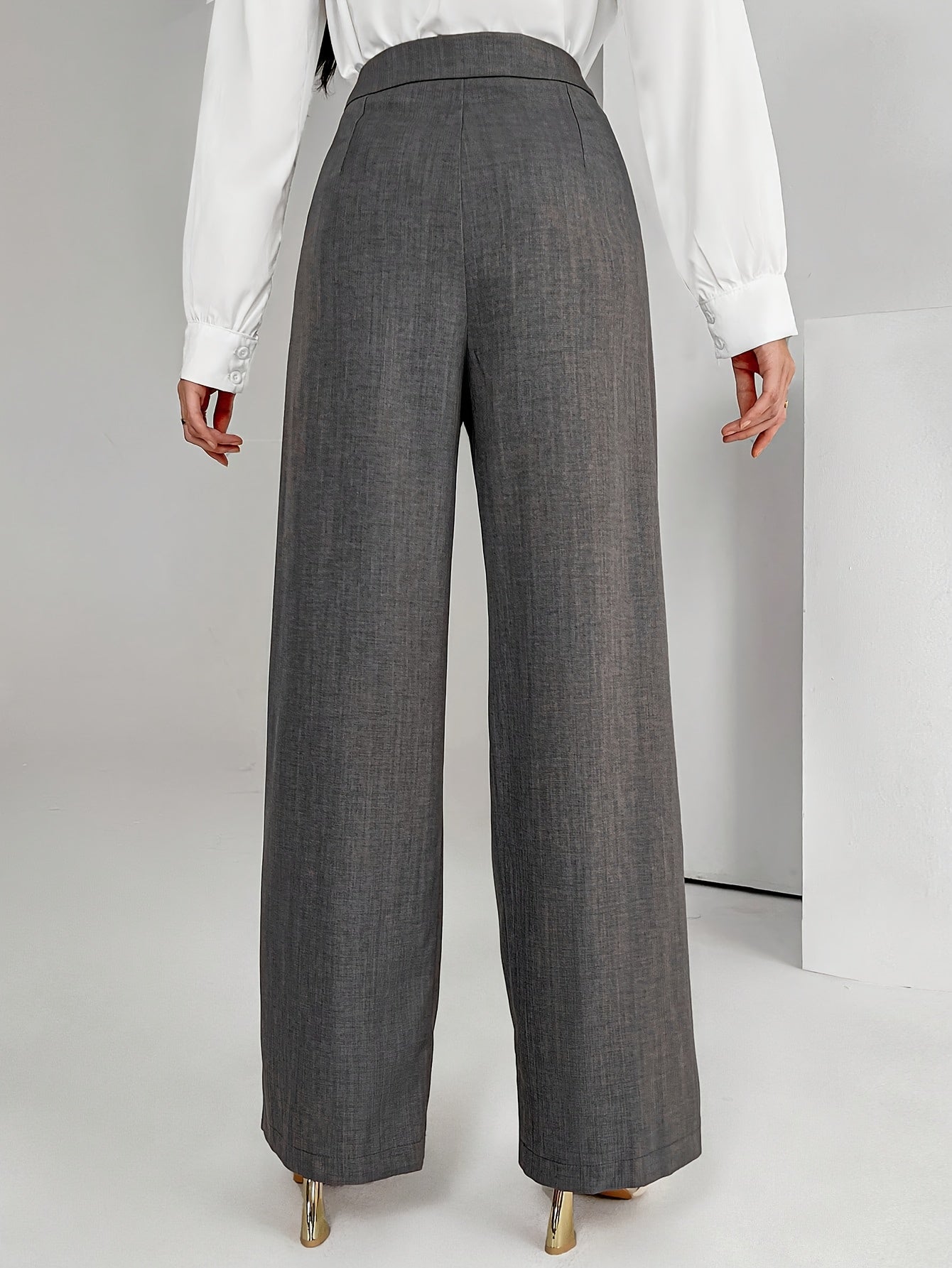 Women's Avantgarde High-Waisted Wide Leg Trousers with Button Detail - 100% Polyester Solid Color All-Season Fashionable Pants
