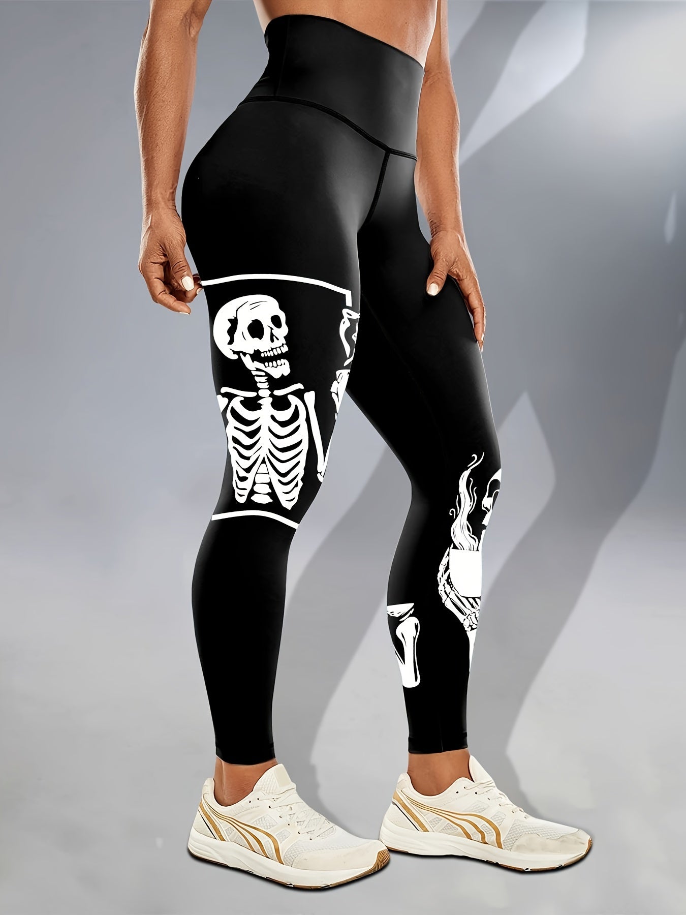 Women's Glow in the Dark High Waist Tummy Control Halloween Skeleton Printed Leggings