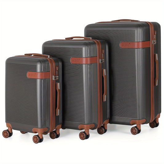 3 piece 3piece 3-Piece ABS Spinner Luggage Set with TSA Lock for Business Travel - Gray Retro Style Lightweight Suitcases
