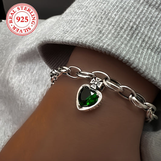 925 Sterling Silver Vintage Green Zirconia Crown Heart Charm Bracelet