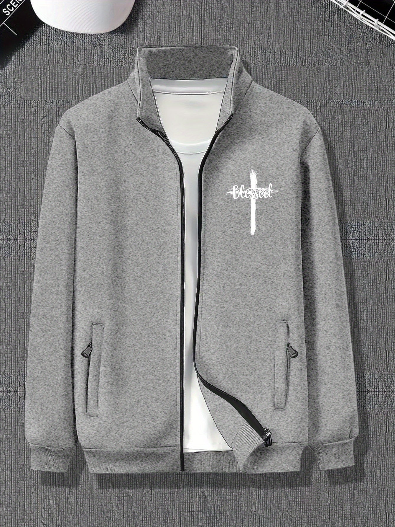 Plus Size Men's Stylish Jacket With Pockets. Blessed Cross Print