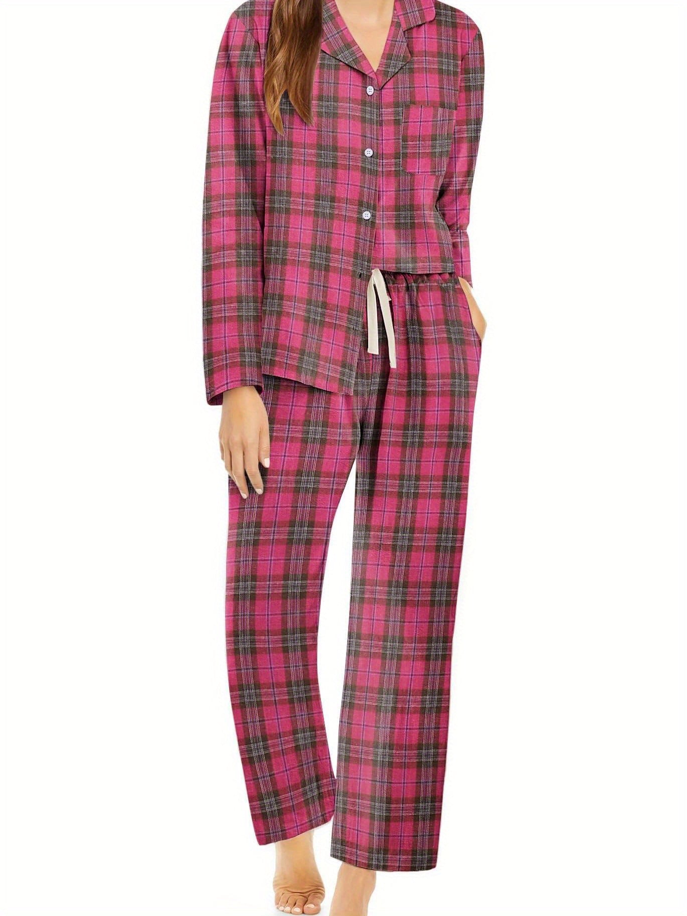 Women's two-piece Comfy Cozy cotton plaid pajama set, long sleeve soft button-down shirt, cozy loungewear with pockets