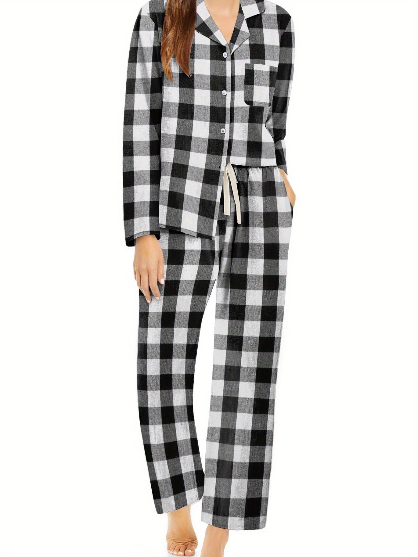 Women's two-piece Comfy Cozy cotton plaid pajama set, long sleeve soft button-down shirt, cozy loungewear with pockets