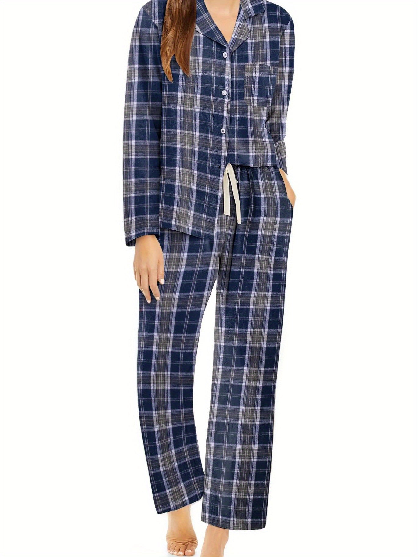 Women's two-piece Comfy Cozy cotton plaid pajama set, long sleeve soft button-down shirt, cozy loungewear with pockets