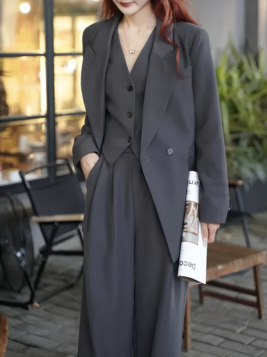 3 Pcs Classic Blazer & Vest & Pants Outfit, Long Sleeve Button Front Lapel Blazer & V Neck Sleeveless Vest & High Waist Straight Leg Pants, Women's Clothing