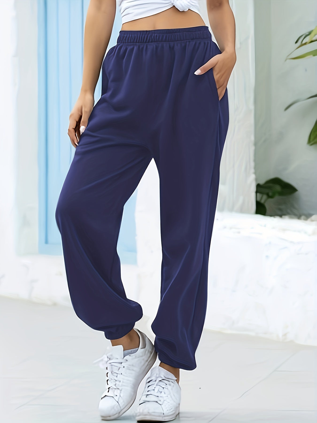 Women's High-Waisted Elastic Sweatpants, Solid Color Casual Pants for Everyday Wear