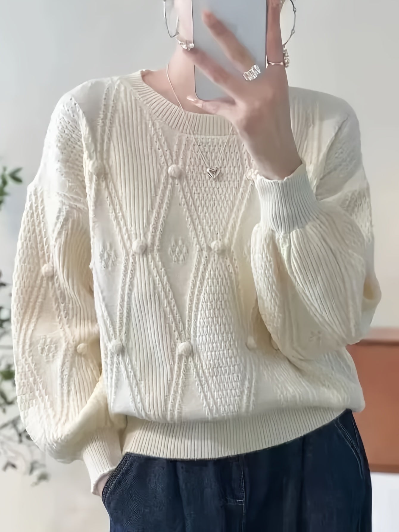 Vintage Chic Pom-Pom Sweater - Soft, Cozy, Lux, Long Sleeve Crew Neck Pullover for Fall/Winter Fashion with Elegant Design and Warmth