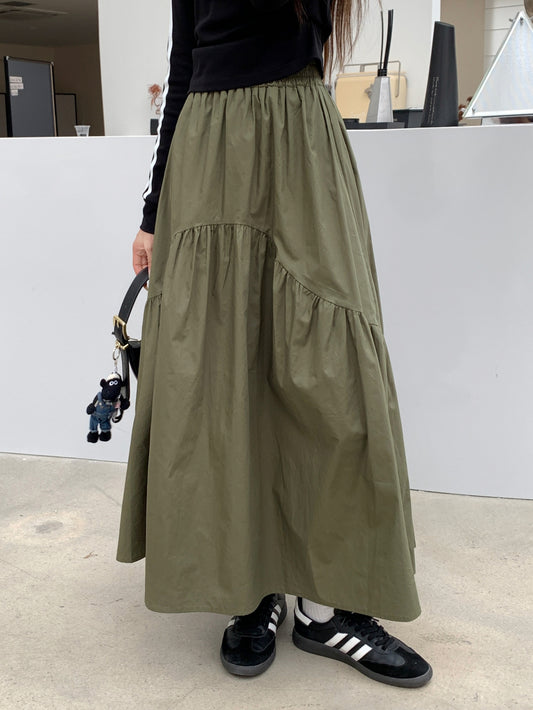 Women's Solid Color Ruffle Hem Skirt, Versatile Ruched Skirt