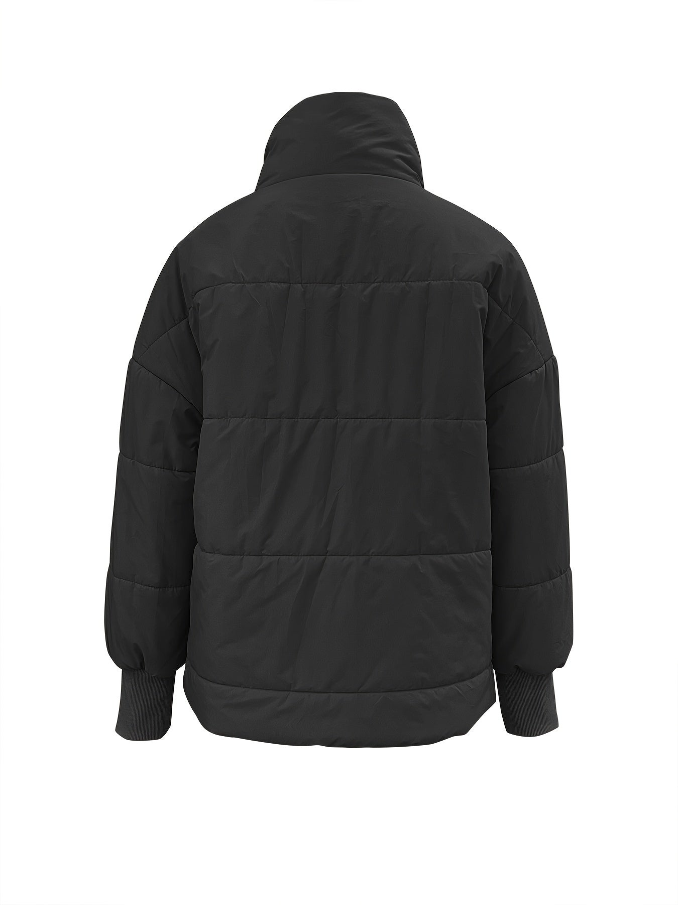 Solid Color Stand Collar Stylish Puffer Coat, Casual Thermal Zip Up Long Sleeve Outerwear With Pocket For Winter, Women's Clothing