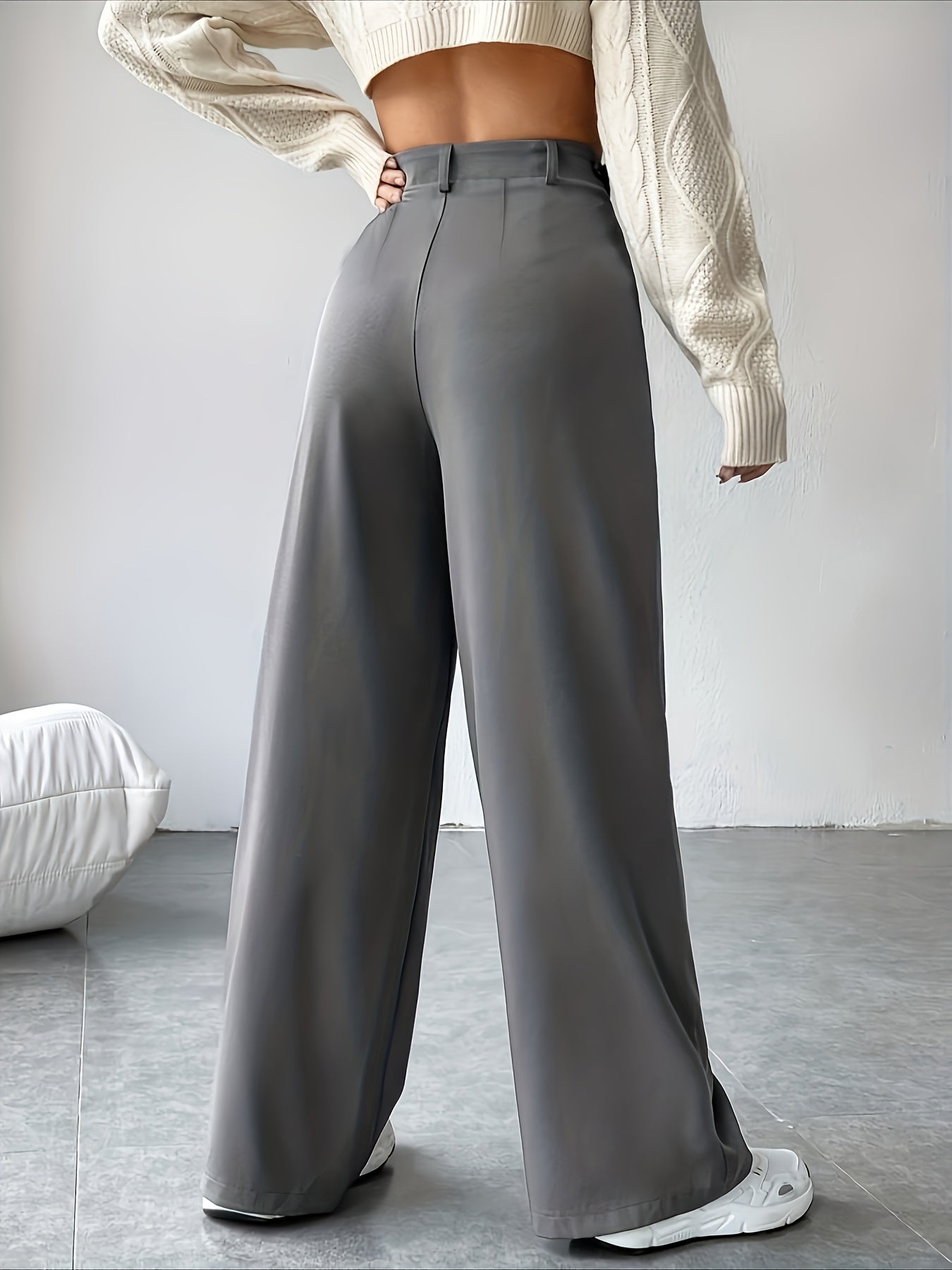 Solid Color Tokyo Straight Leg Pants, Casual High Waist Loose Ruched Pants, Women's Clothing