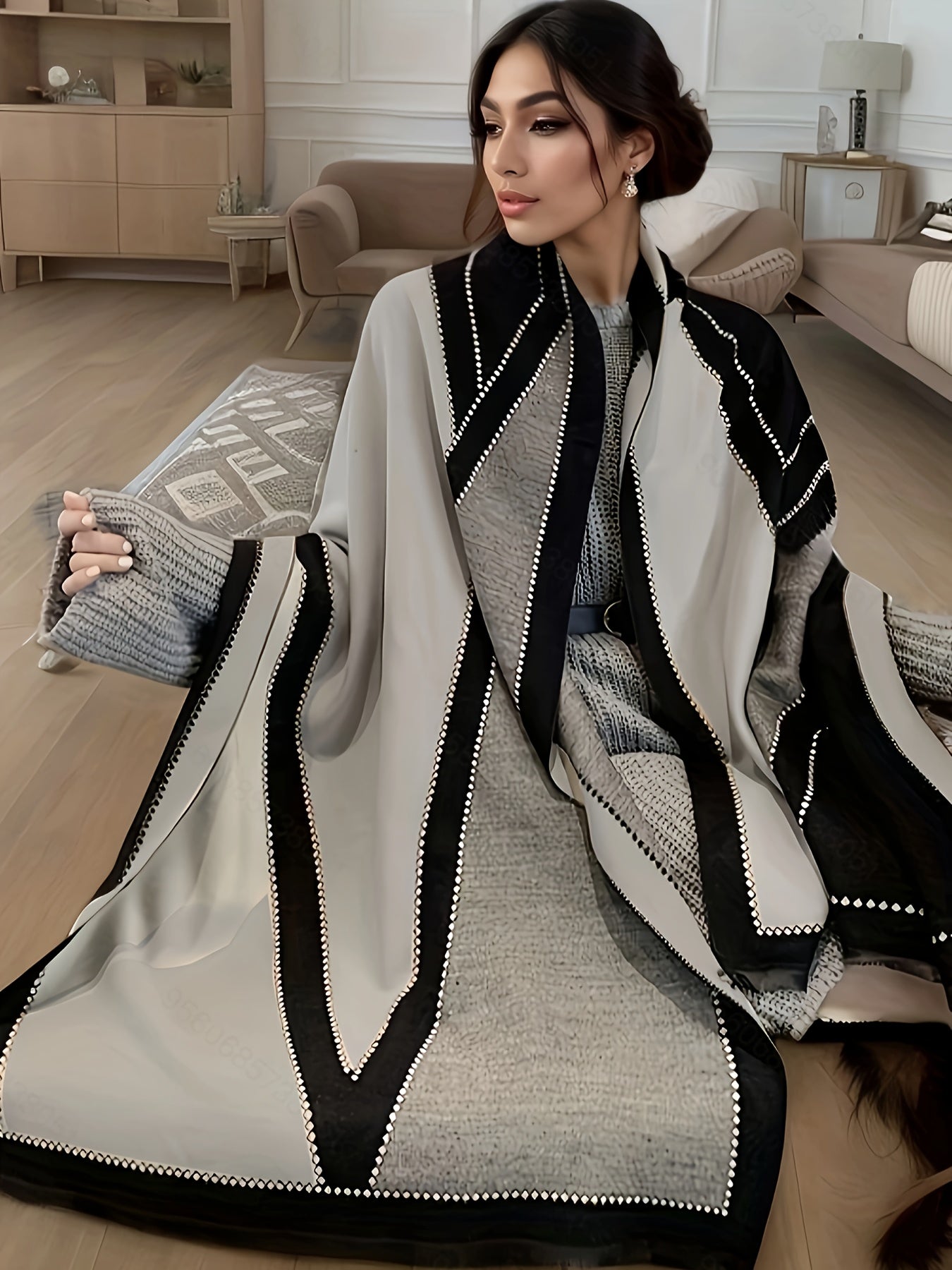 Plus Size Geometric Pattern Linen Scarf, Cozy Color Block Shawl for Fall & Winter