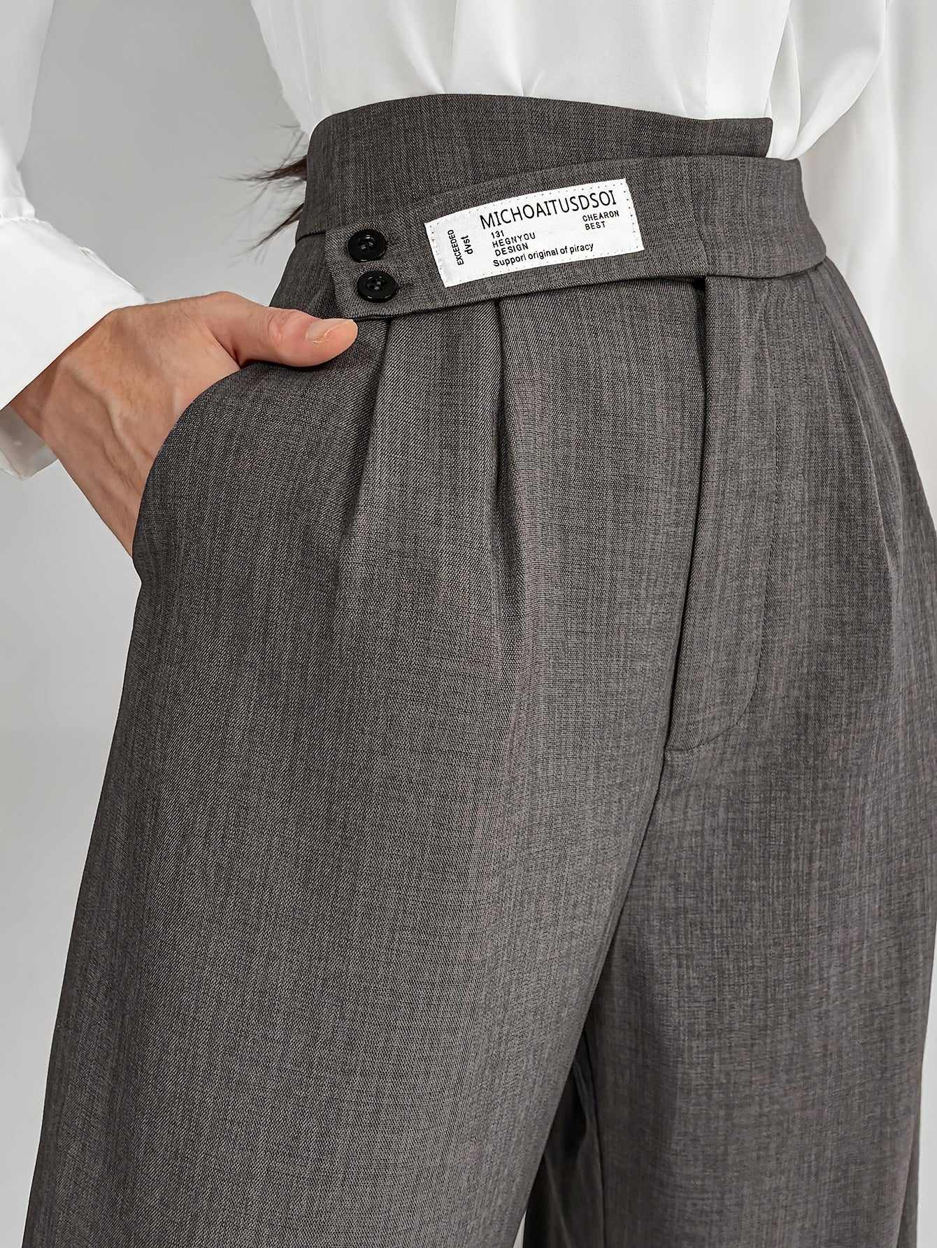 Women's Avantgarde High-Waisted Wide Leg Trousers with Button Detail - 100% Polyester Solid Color All-Season Fashionable Pants