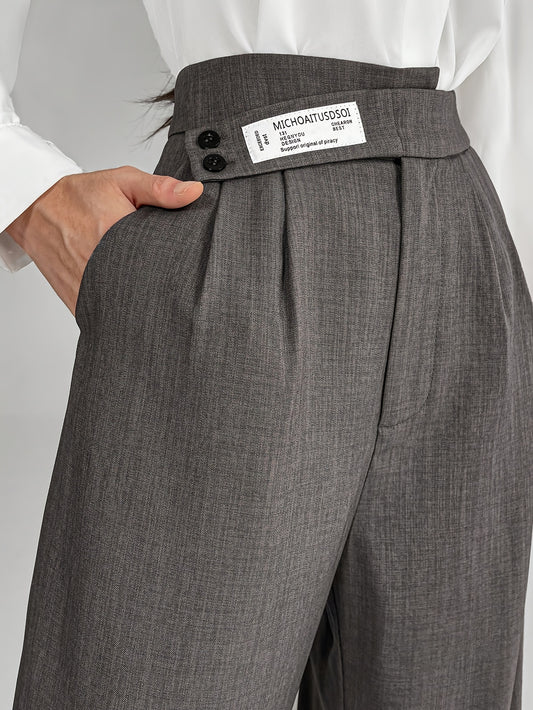 Women's Avantgarde High-Waisted Wide Leg Trousers with Button Detail - 100% Polyester Solid Color All-Season Fashionable Pants