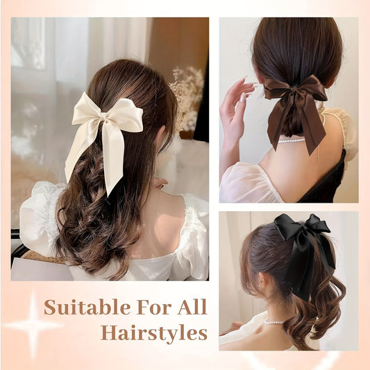 Satin Hair Scrunchies with Bow for Women, 6PCS Hair Ties Set, Dressy Elastic Bow-knot Hair Bands for Girls Over 15 Years, Premium Polyester Ribbon Scrunchies, Long Tail Hair Bow Accessories for Thick and Thin Hair