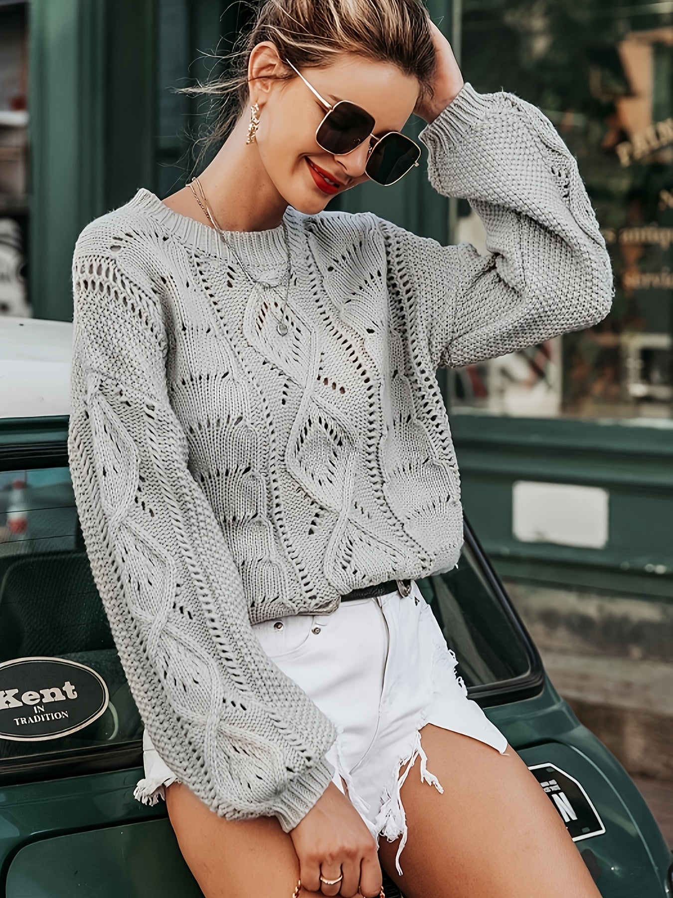 Solid Hollow Out Pullover Sweater, Elegant Long Sleeve Loose Sweater For Spring & Fall, Women's Clothing