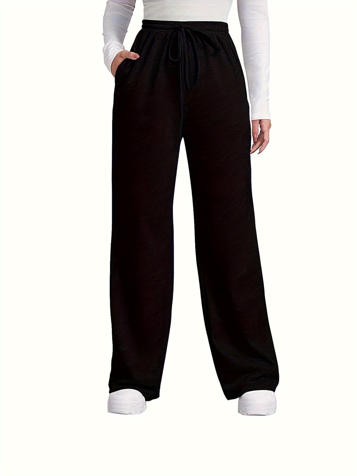 Solid Color High Waist Sport Pants, Casual Drawstring Knitted Loose Pants For Every Day, Women's Clothing