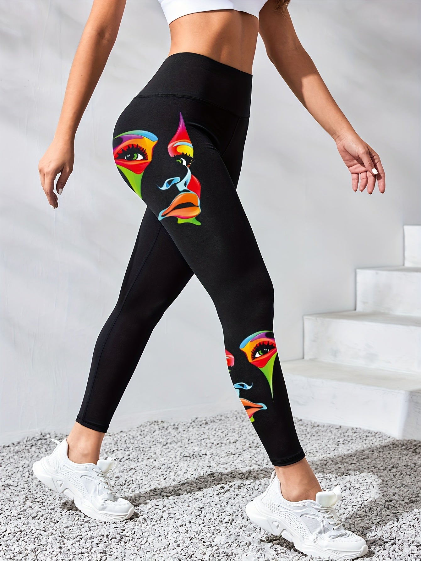 Women's High-Waisted Leggings with Unique Facial Print