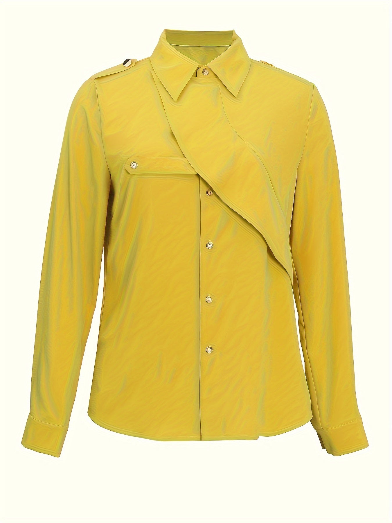 Solid Color Button Up Asymmetric Shirt, Stylish Long Sleeve Collared Shirt For Spring & Fall, Women's Clothing
