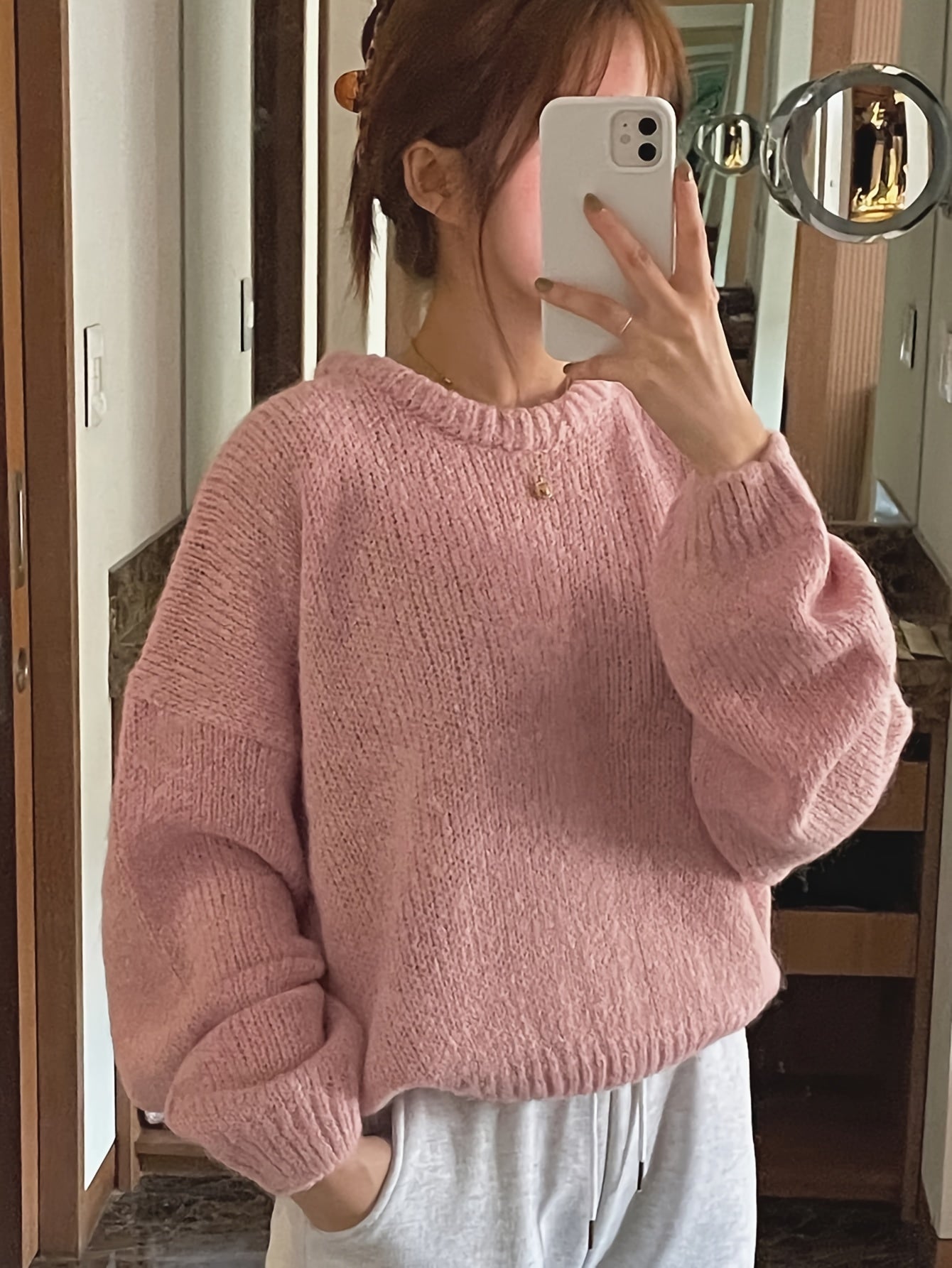 Solid Color Crew Neck Knitted Sweater, Casual Long Sleeve Drop Shoulder Pullover Sweater For Fall & Winter, Women's Clothing